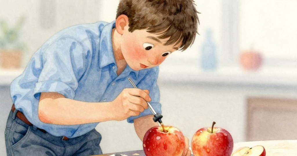 Winston的手緊握塑膠吸管，滴著閃光蘋果糖漿，細節豐富，展現關鍵故事物件的奇妙質感。