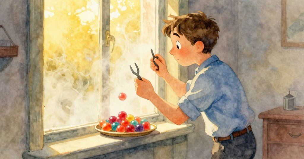 Winston透過結霧窗戶凝望外部糖果球，暖金光線輕拂，展現故事轉折中夢幻又深思時刻。