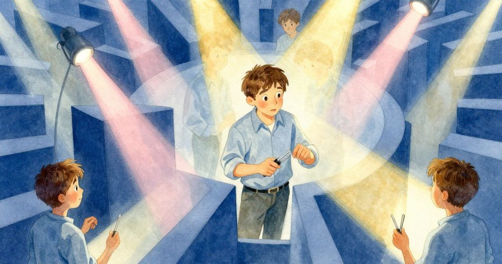 Winston置身於充滿鏡面反射的迷宮中，藍粉金光交錯，場景奇幻神秘，捕捉故事中轉折的異境感。