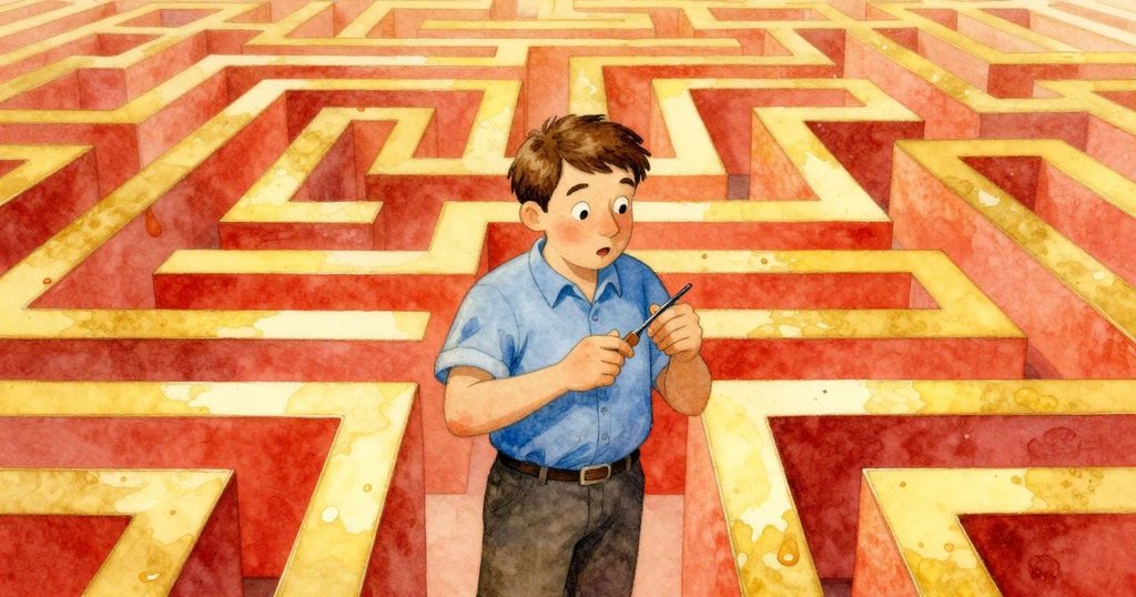 Winston在鏡迷宮中面對雙金光走廊，猶豫間以糖漿在鏡面點試，展現故事關鍵抉擇時刻。