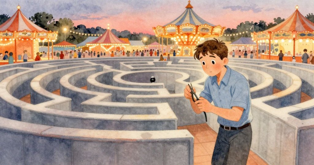 Winston與鏡迷宮融入廣闊遊樂場暮色中，遠處歡呼聲起，一個糖模獨自閃耀，故事迎來美好結局。