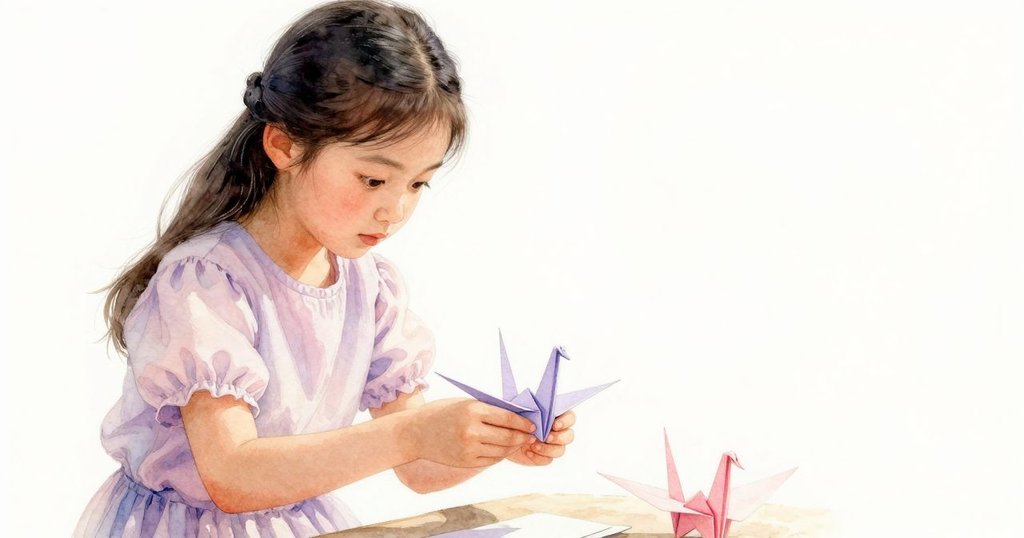 法拉專注摺紙鶴,紙摺痕與水滴同步落下,傾斜角度突顯創作瞬間