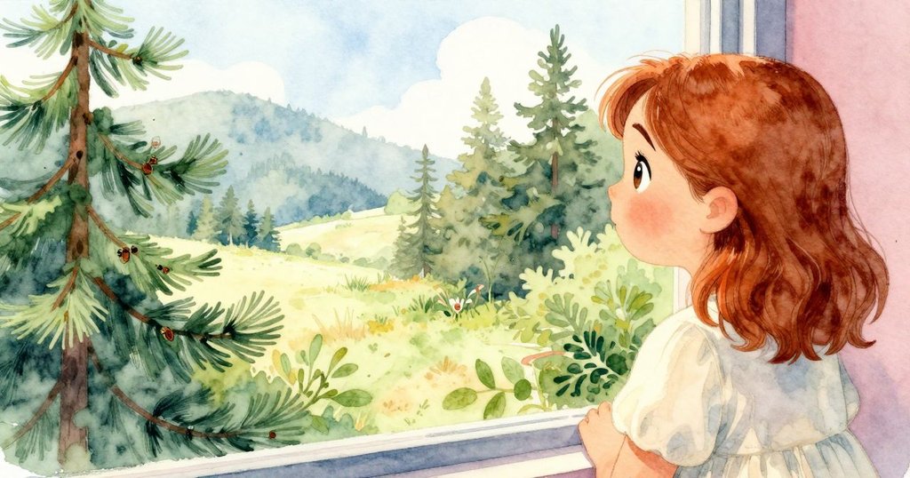 瑞雅透過窗戶凝視外面夏景,松綠輕映與蟬鳴交織,室內外形成安靜對比