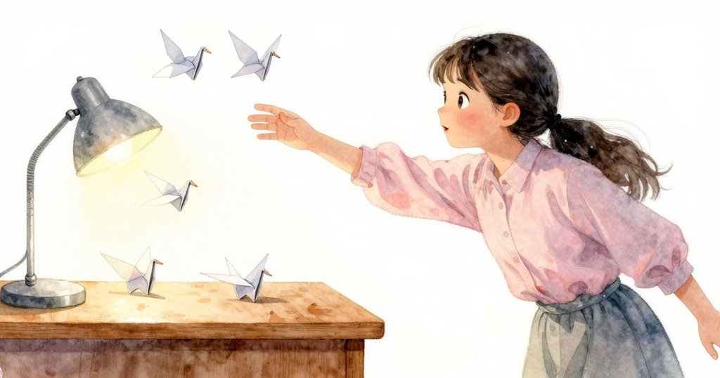 法拉見紙鶴群滑落,忙伸手接住飛舞紙鶴,動態畫面展現出驚奇與好奇情感