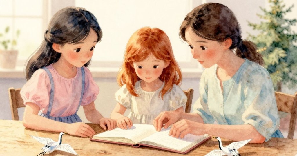 夕陽餘暉映照下,瑞雅整理散落紙鶴,法拉靜觀桌上溫暖物件,場景充滿靜謐與完成感