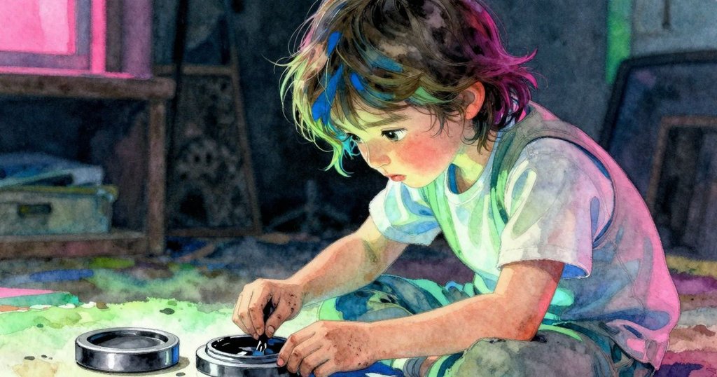 Otto專注凝視墨池中滴水融合的瞬間,眼神中流露出深沉與期待,室內光線柔和。