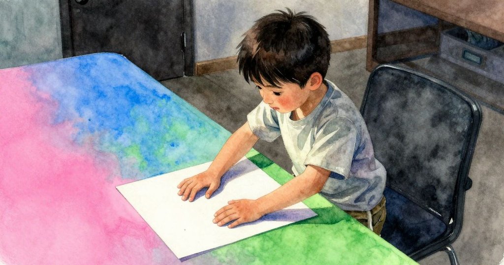 從高角度俯視Theo細心放置濕紙於桌上,周圍散發柔和光線,充滿期待與創作情懷。