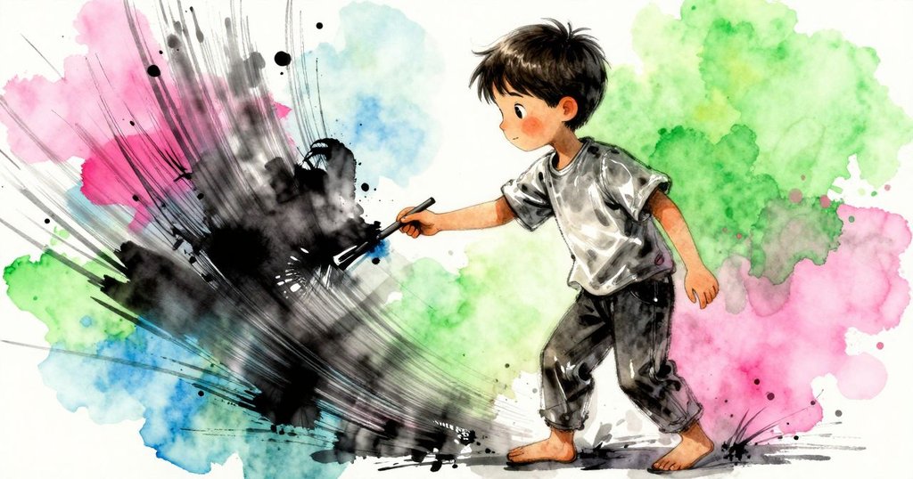 Theo動作靈動調整毛筆後下筆,墨跡隨筆尖流暢展現動態軌跡,現場充滿創作活力。