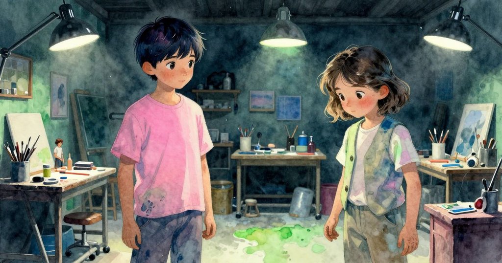 藝術工作室全景展現,Theo與Otto漫步其中,桌上留有改良毛筆,細節豐富呈現藝術歷程。