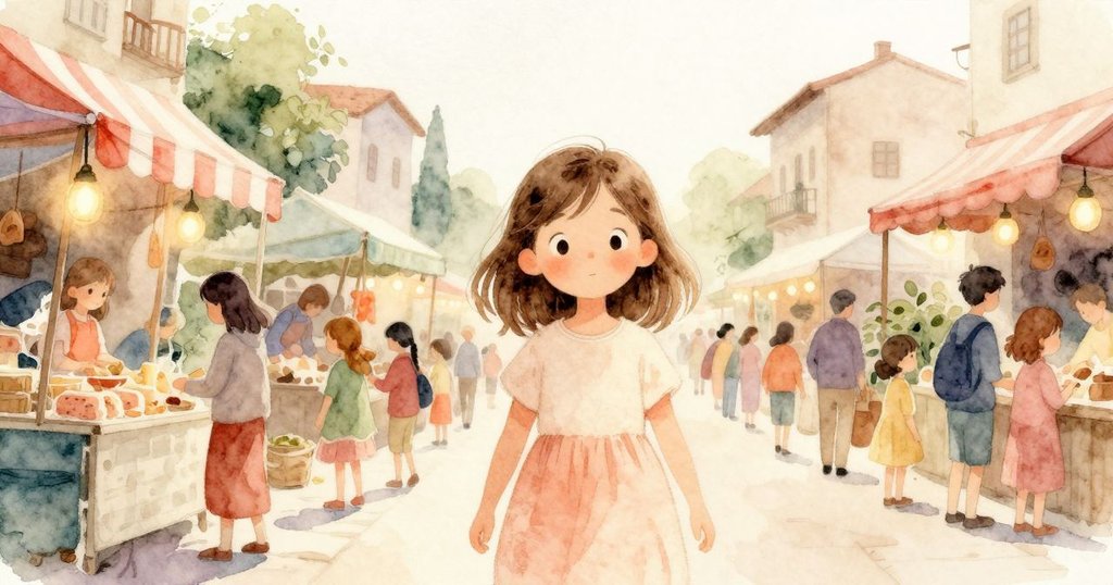 凱拉站在熱鬧市集邊緣，凝視糖果鼓轉動，背景有眾人互動，燈光溫暖，神情充滿好奇。