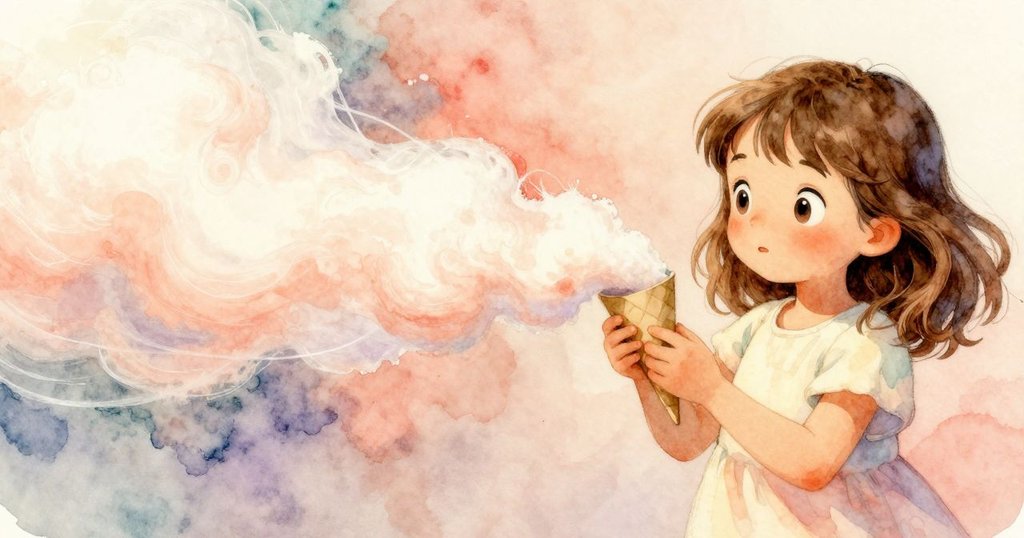 凱拉的手在旋轉糖絲中巧妙調整紙筒，畫面以扭曲視角展現糖絲漩渦，充滿奇幻與動感。