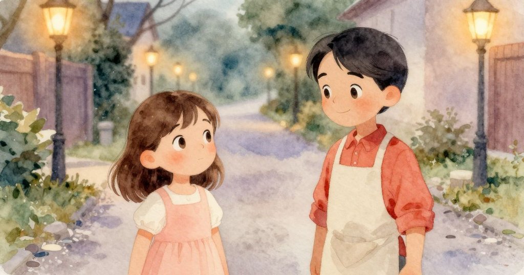 戶外碎石小徑上，溫暖路燈與涼風交織，音符隱現於腳步聲中，營造出寧靜而神秘的氛圍。