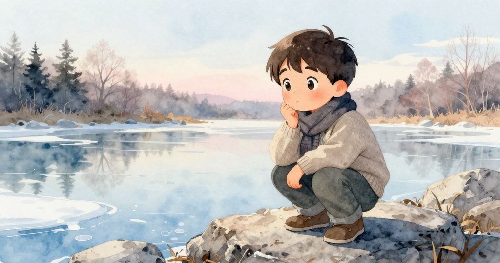 凱蘭蹲在池塘邊看著帶有濕痕的花崗岩，周圍晨光微曦、自然景致靜謐，展現專注與期待