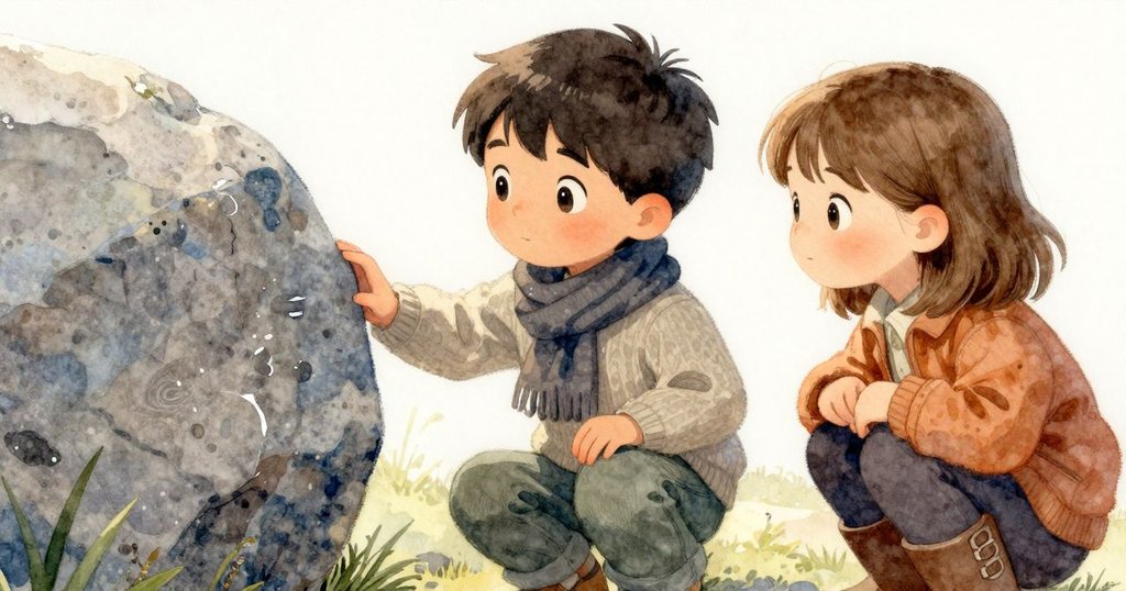 凱蘭輕觸花崗岩上濕痕，展現細膩觀察，背景隱約見初融池塘與溫柔晨光，流露靜謐情感