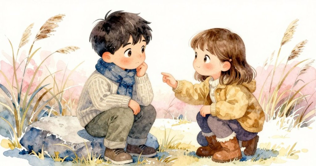 內莎輕步走近凱蘭，在石旁輕放手腕，背景有冬枯蘆葦與初融池塘，展現溫柔對語與默契