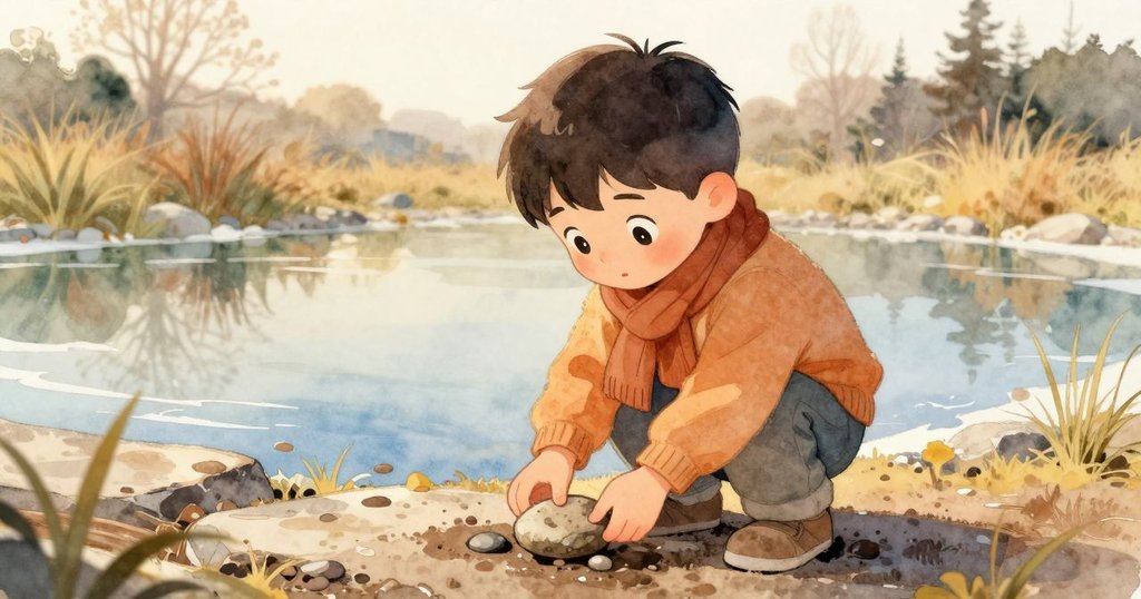 凱蘭專注地從泥石中拾起一顆扁平石子，背景呈現融冰池塘與漂浮燭冰，流露探索與轉變情感