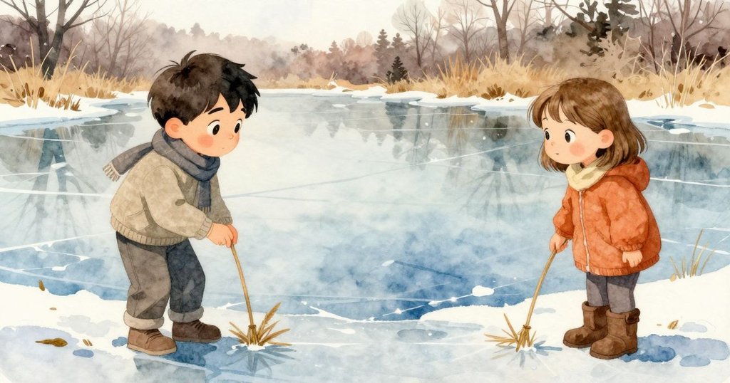 凱蘭用蘆葦在融冰池旁劃線，內莎靜立傾聽大自然低語，廣闊背景中流露出沉思與延續的希望