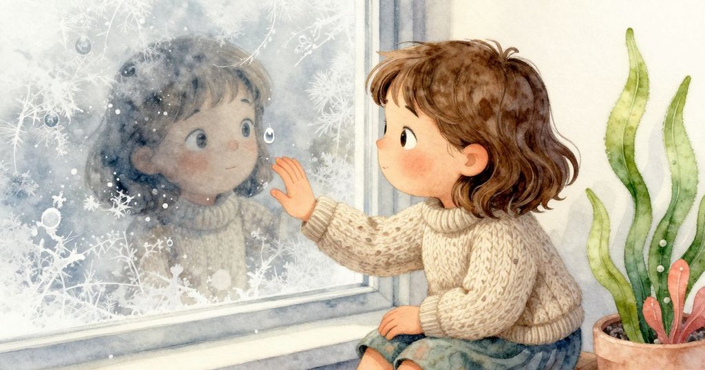 瑪格伸手觸摸窗上緩緩形成的冰滴,專注觀察冰凍細節,溫暖室內光線映襯她的輕柔動作。