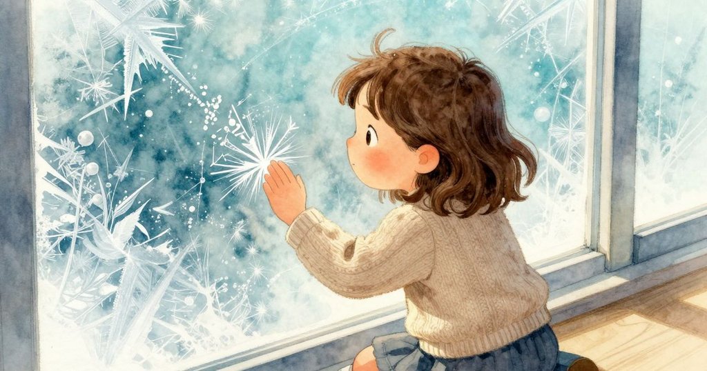 透過小鳥視角觀看瑪格輕觸窗上霜花,室內外光影交錯,畫面呈現溫暖與冷冽並存的柔和景象。