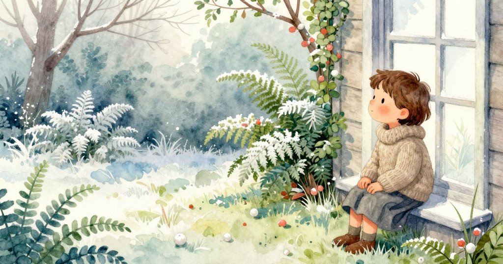 瑪格注視著結霜的院子,冰凍蕨類與枝葉精緻展開,室內溫暖光線映襯外界寒冷,氛圍靜謐而神秘。