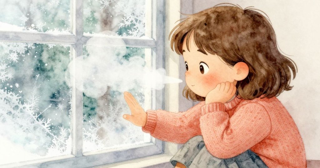 瑪格輕觸窗上新生的冰花,呼出的氣息在玻璃上形成短暫朦朧圖案,展現內心靜謐與反思。