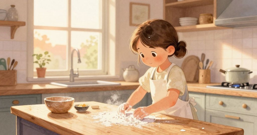 烏拉在溫馨廚房中動作忙碌，窗外晨光灑落，玻璃罐與麵團細節豐富，展開故事開端