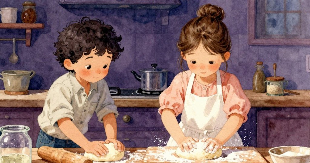 透過從背後觀察看到烏拉揉捏麵糰，玻璃罐中冒出細泡，手與物互動細節清晰，情境溫馨