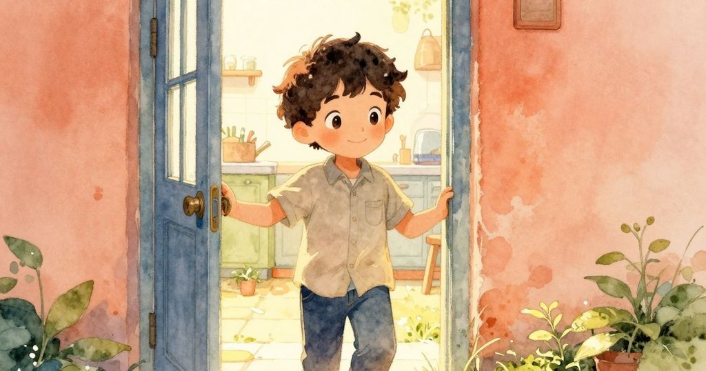 男孩富勒徹站在廚房門口，輕鬆微笑眺望昏黃戶外光影，展現故事過渡感