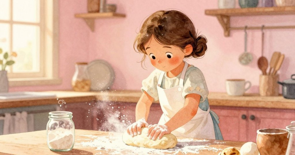 烏拉充滿活力地揉捏麵糰，麵粉飛揚，玻璃罐發出節奏感的點擊，展現動感與創造力