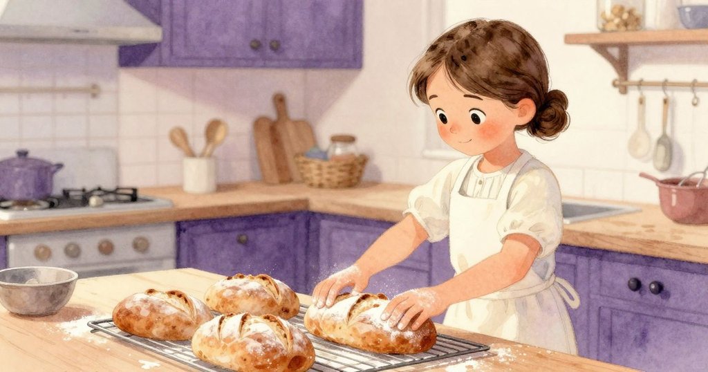 烏拉戴著防熱手套輕敲冷卻中的麵包，整個廚房氣氛寧靜溫和，故事完美收尾