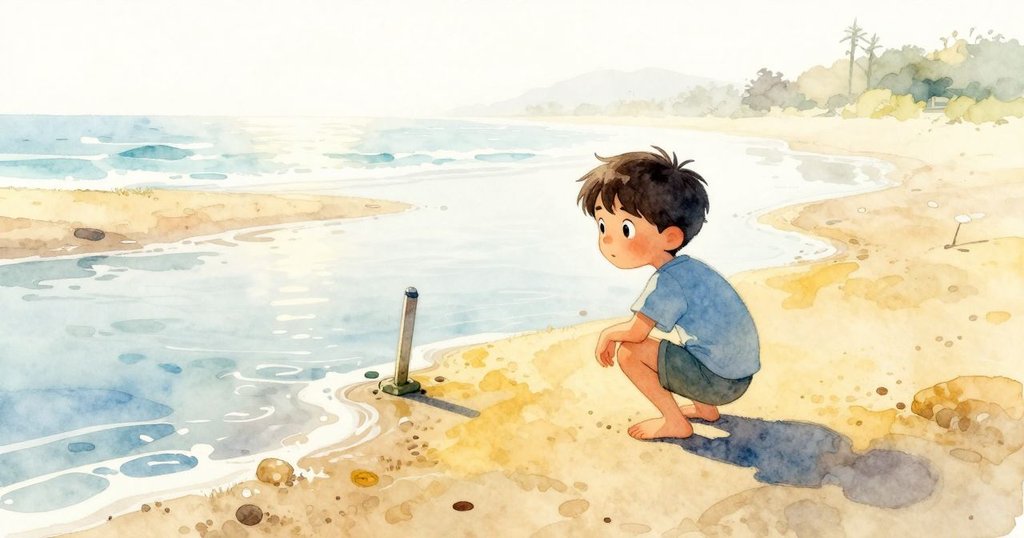 戴爾蹲在海邊潮池邊,認真觀察螃蟹活動,背景有傾斜標誌桿和晨霧交織,神情專注