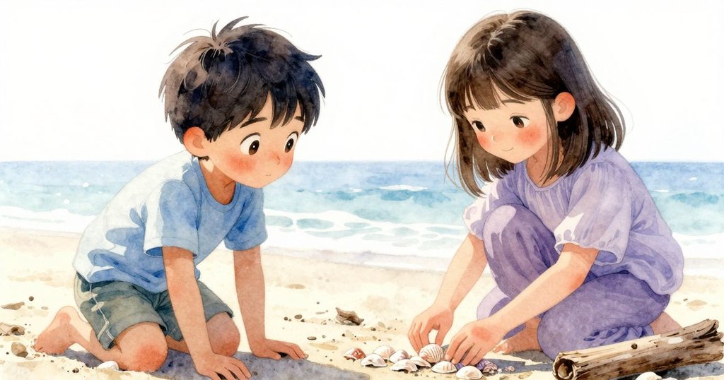 戴爾的手輕柔地擺放扇貝殼於濕沙上,細節豐富的木枝與沙面在陽光照射下呈現自然質感,動作專注