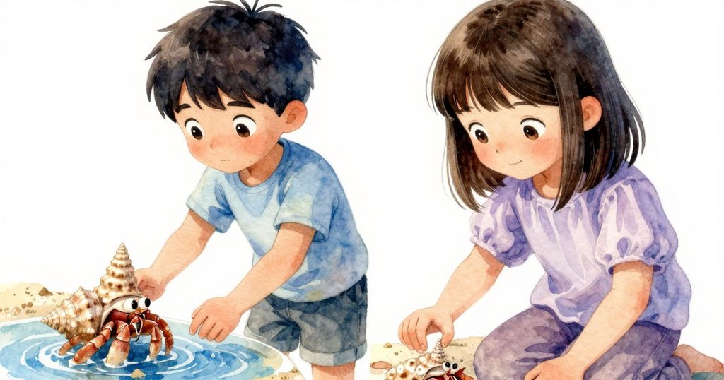 從小螃蟹視角看見戴爾指尖輕觸水面和精緻貝殼塔,沙面細節豐富,氛圍溫暖而細膩