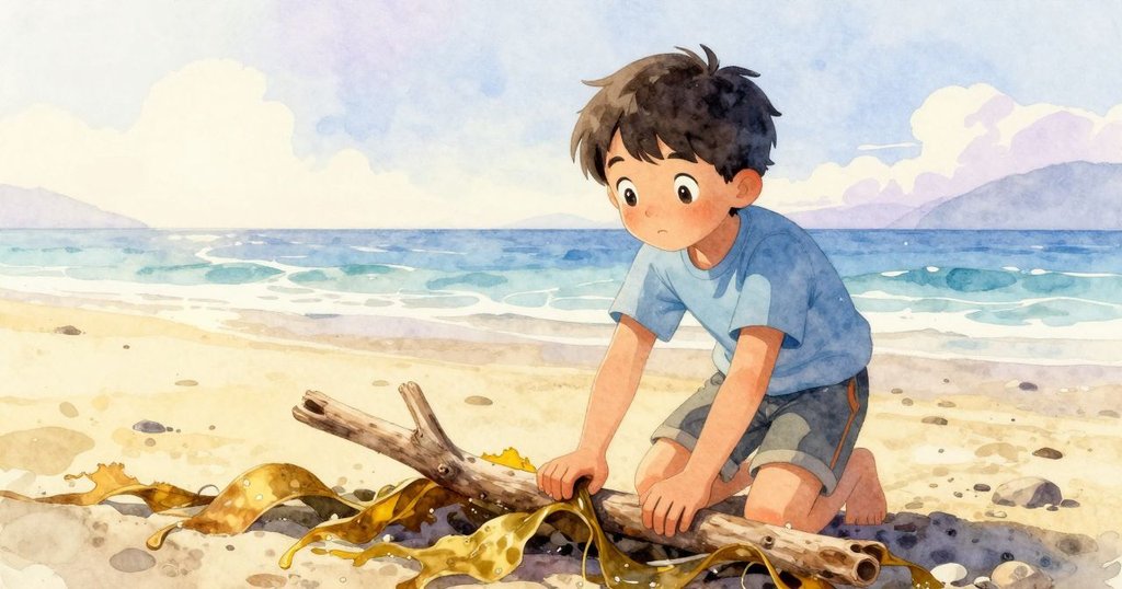 戴爾正將細木枝橫放於海藻邊,穩固貝殼塔,微風吹拂,晨光柔和,展現潮池邊自然風情