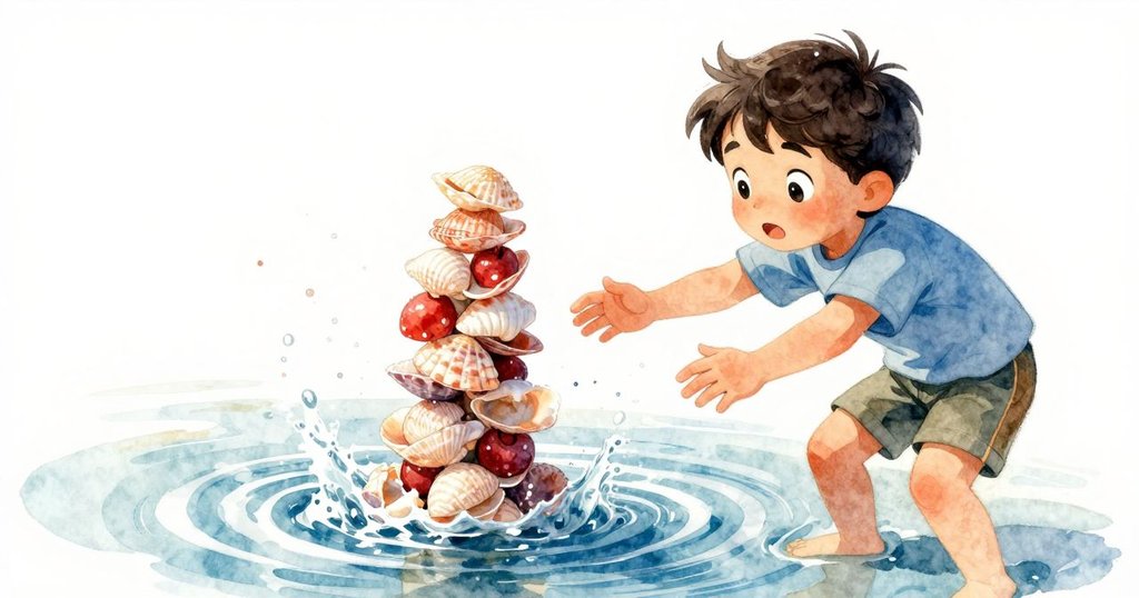 戴爾急忙伸手阻止貝殼塔傾斜,水波飛濺,陽光下動作急促,場景充滿動感與緊張氣氛