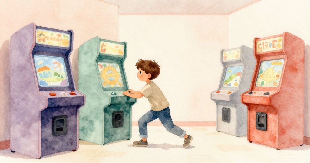 Clyde操作夾娃娃機,在室內遊戲室中用力按搖桿,燈光對比鮮明,表情專注期待