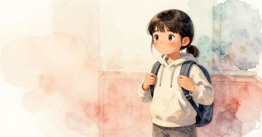 Zola在室內輕調背包帶,專注動作中,展現布料質感與溫暖燈光,情緒平穩