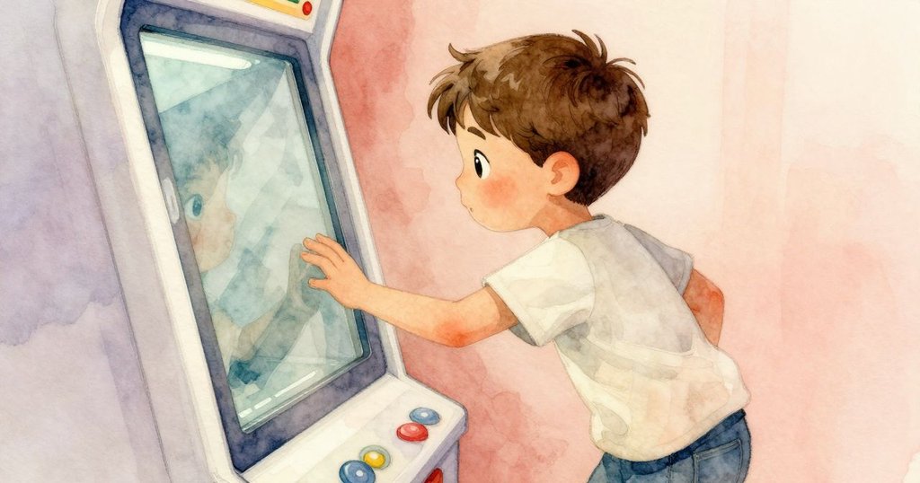 Clyde輕觸夾娃娃機玻璃面板,手與臉展現出靜謐專注,細節呈現冷光與質感