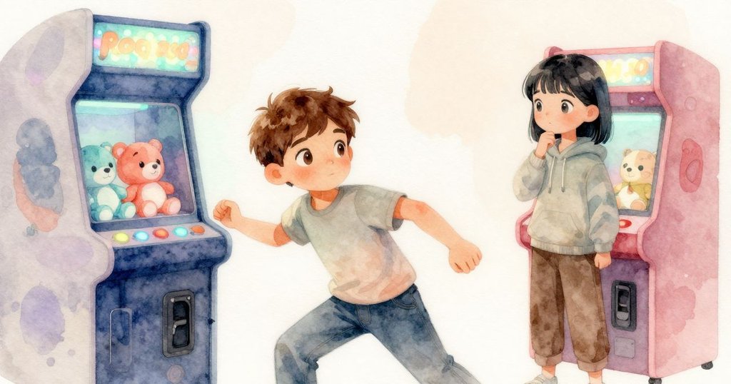 夾娃娃機內部展示層疊軟絨玩具與變化色彩,神秘玩具隱現其中,氛圍迷幻柔和