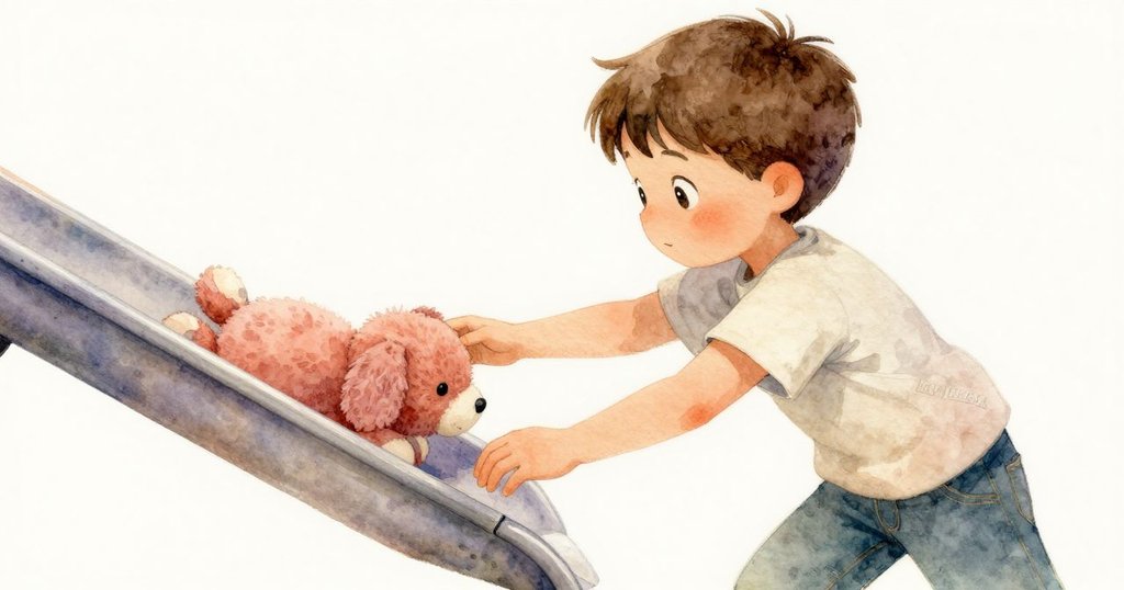 Clyde溫柔固持變形軟殼玩具於滑道上,手部特寫展現平靜決心,背景光線柔和,情緒滿足