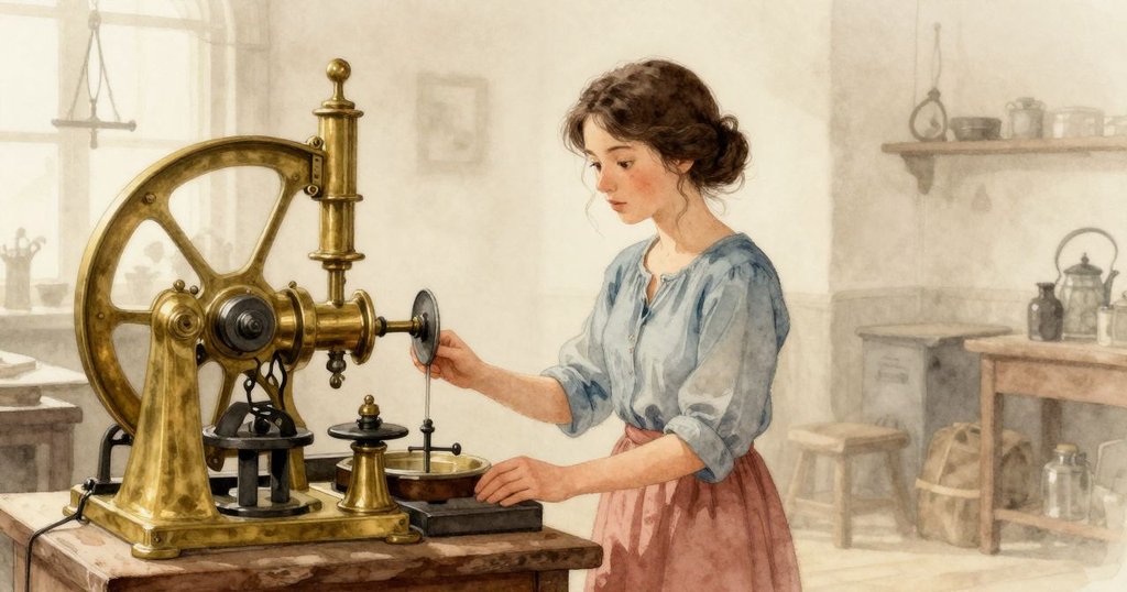 艾塔清晨進入工坊,霧氣輕繚,柔和燈光映照著閃爍齒輪,她專注前行,氛圍溫暖安靜。