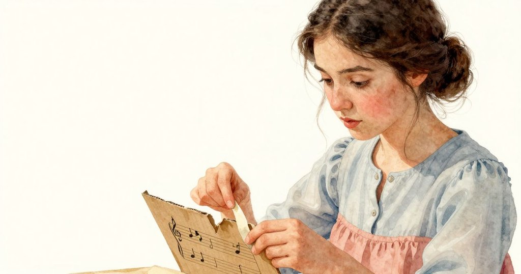 艾塔專注修補破損音樂卡,手指輕觸撕裂邊緣,用膠帶細心處理,細節豐富展示修復過程。