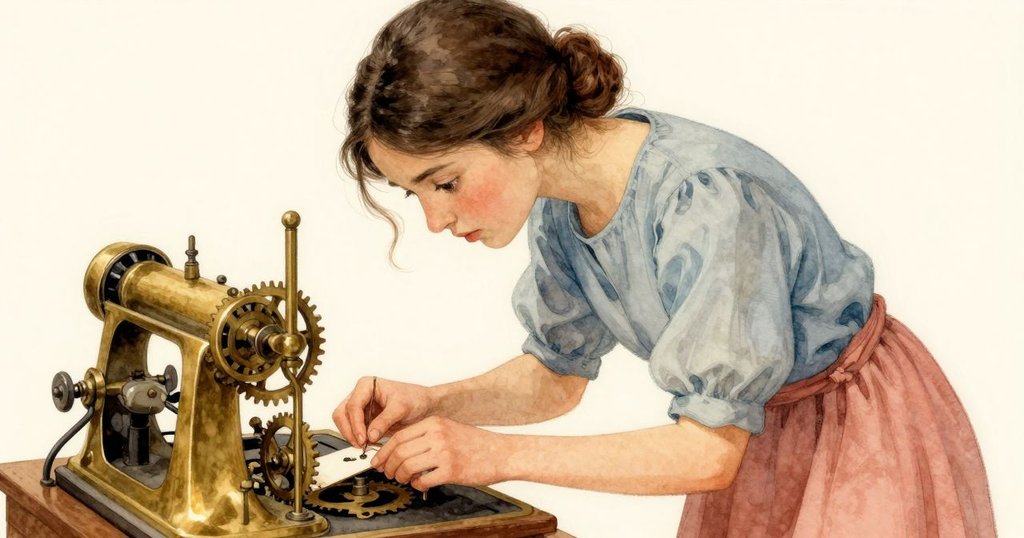 從高角度俯視,艾塔彎腰檢查機械齒輪與推進中的音樂卡,細心觸摸每個穿孔,呈現精密運作過程。