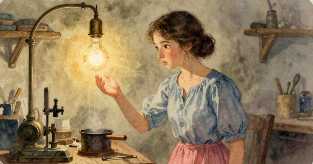 在顫動燈泡下,工坊內光影交錯,艾塔靜立觀察機械,臉上映出溫柔變幻的光紋,心中流露驚奇。