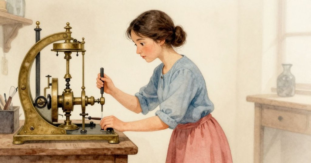 艾塔修補完畢後靜靜退後,機械恢復優雅旋律,房間充滿溫柔光芒,她滿懷平靜與滿意神情。