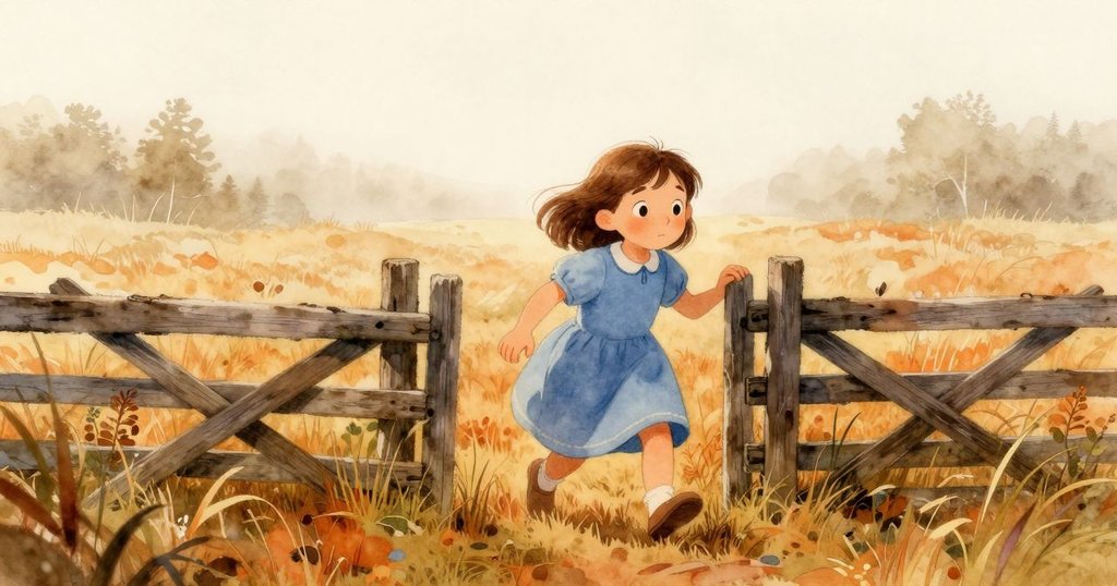 扎迪走過破舊圍欄進入霧氣繚繞的草地,晨光柔和,滴水閃著光芒,展開奇妙旅程