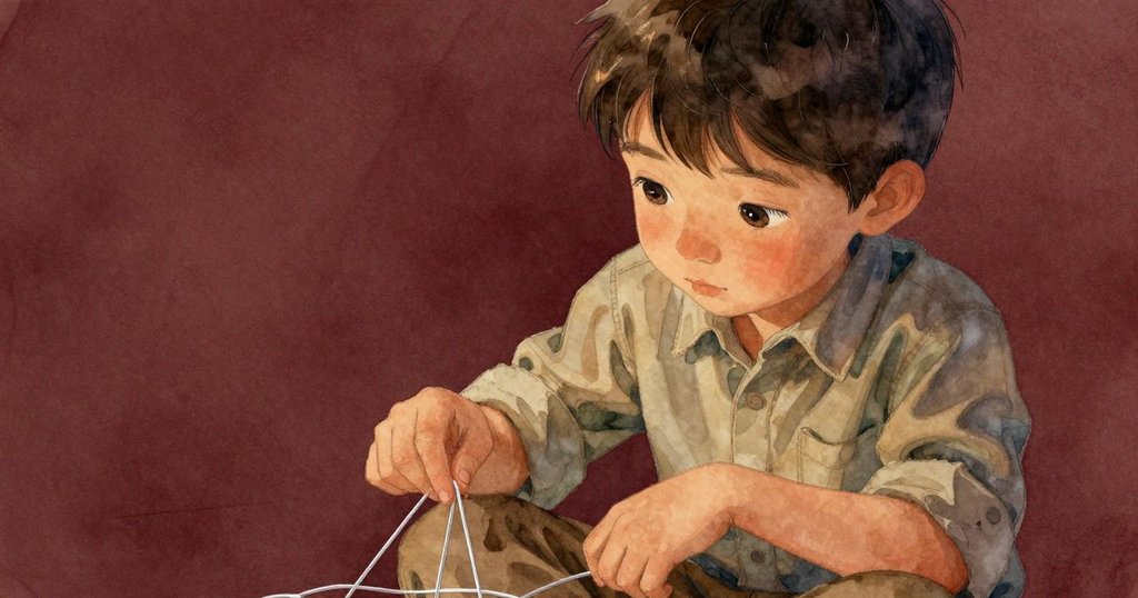 肯特凝視著濕潤的金屬絲,驚奇與好奇流露於眼中,背景朦朧呈現霧氣森林感