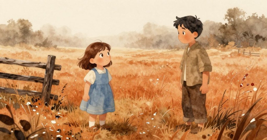 扎迪與肯特站在晨霧散去的草地上,濕潤大地與生鏽釘子上滑動水珠展現自然韻律