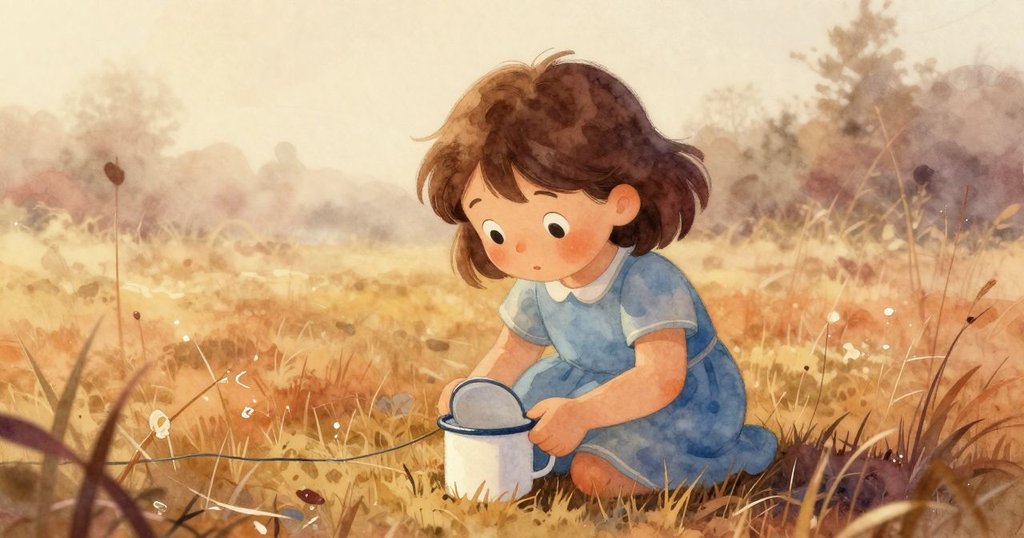 扎迪站在靜謐的霧氣草地上,將琺瑯杯傾向木絲,期待新水珠降臨,畫面回響初始門景