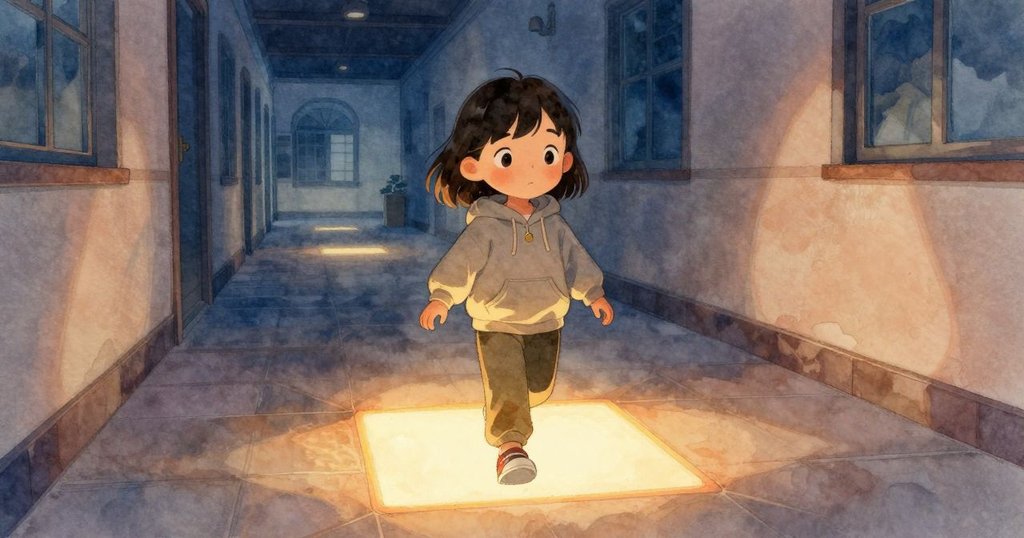 Uma踏入發光地磚，走廊中充滿驚奇光影與轉動齒輪，展現探索開端的活力與神秘感